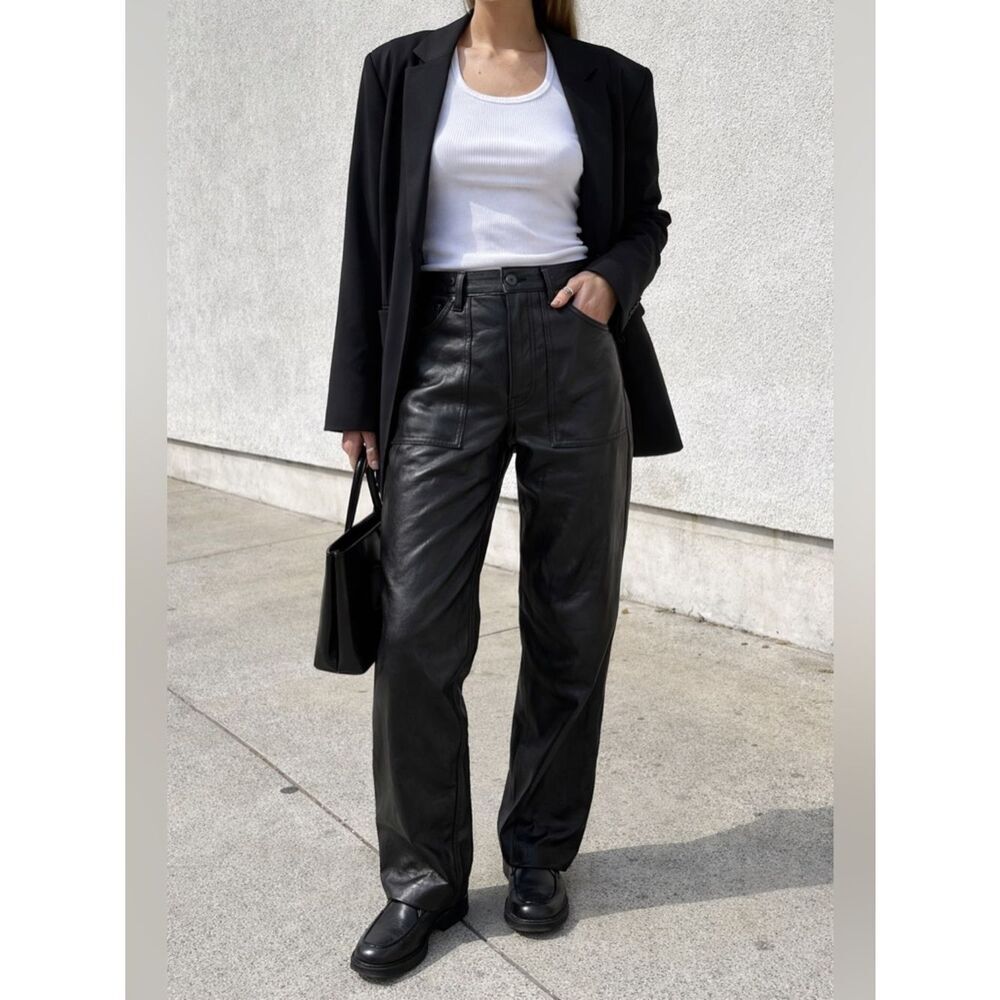 Good American Faux Leather Pants Size 10 High Rise Straight Leg Utility Trouser